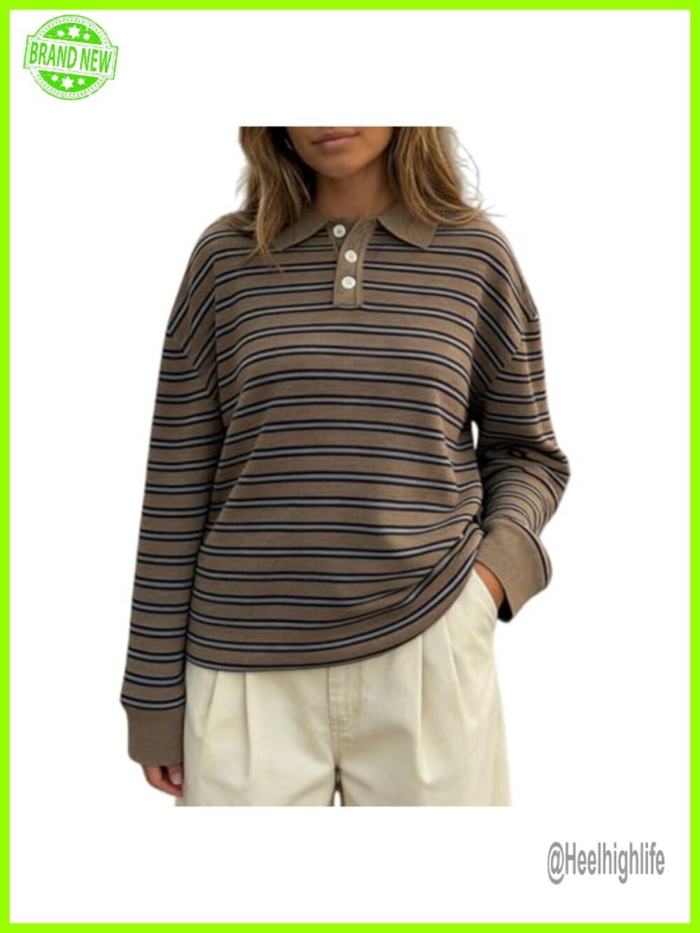 Oversized Striped Polo Sweater Womens 100% Acrylic Collared Long Sleeve Preppy